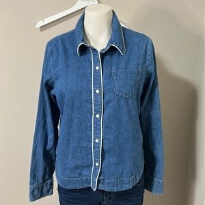MAJE Denim Long Sleeve Pearl Button Front Top Shirt Jacket Womens Sz 2 Medium